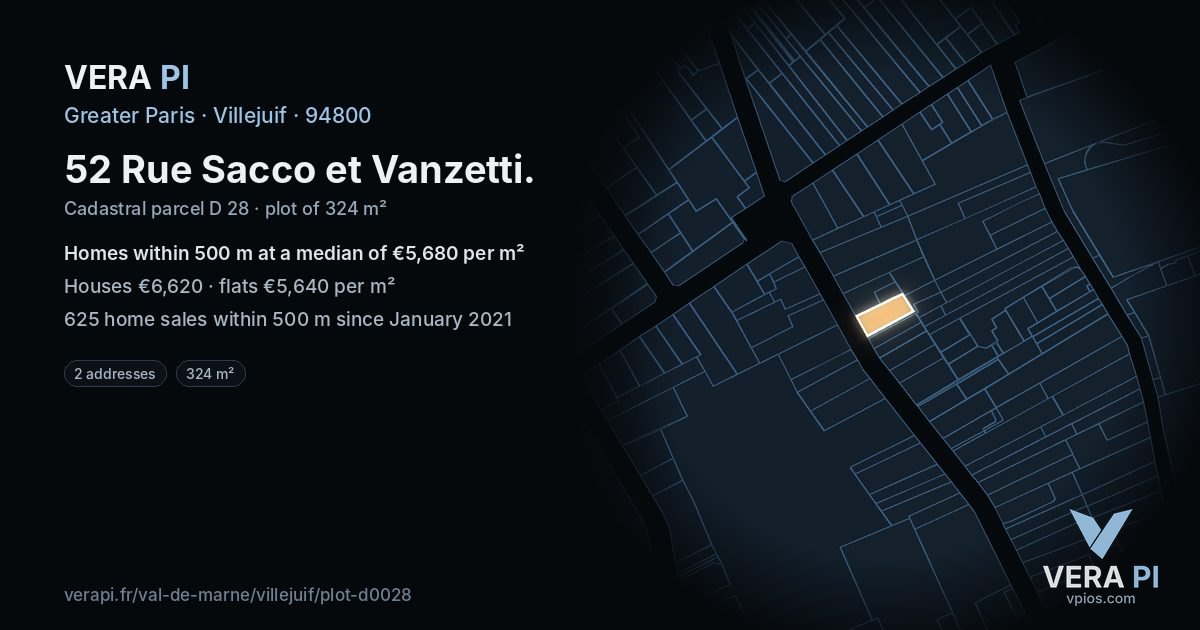 52 Rue Sacco et Vanzetti, Villejuif at night – the plot lit, the parcels around coloured by the prices near them
