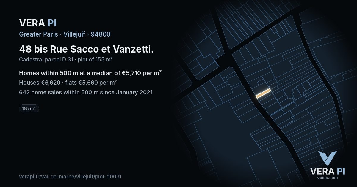 48 bis Rue Sacco et Vanzetti, Villejuif at night – the plot lit, the parcels around coloured by the prices near them
