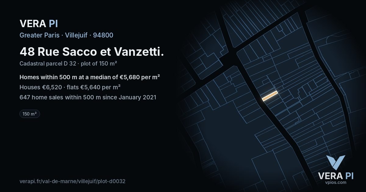 48 Rue Sacco et Vanzetti, Villejuif at night – the plot lit, the parcels around coloured by the prices near them