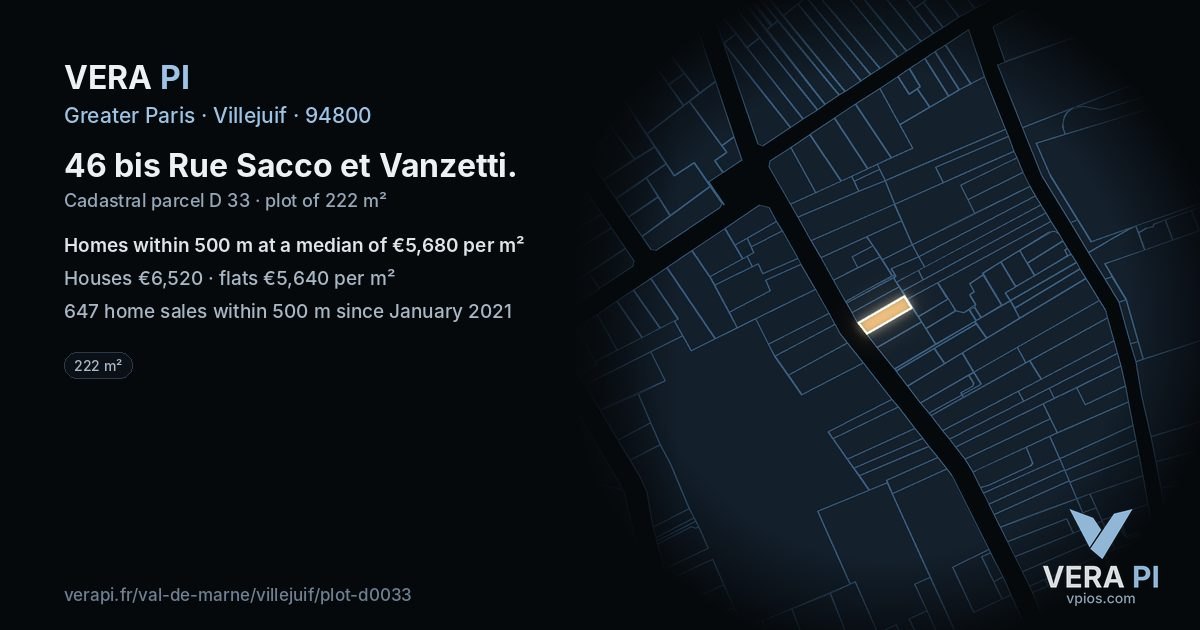 46 bis Rue Sacco et Vanzetti, Villejuif at night – the plot lit, the parcels around coloured by the prices near them