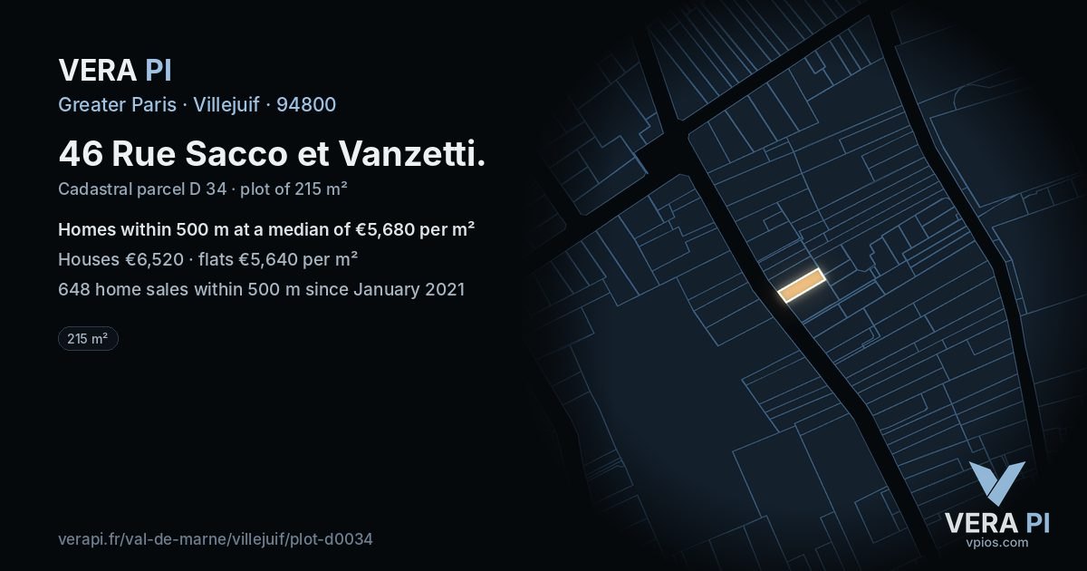 46 Rue Sacco et Vanzetti, Villejuif at night – the plot lit, the parcels around coloured by the prices near them
