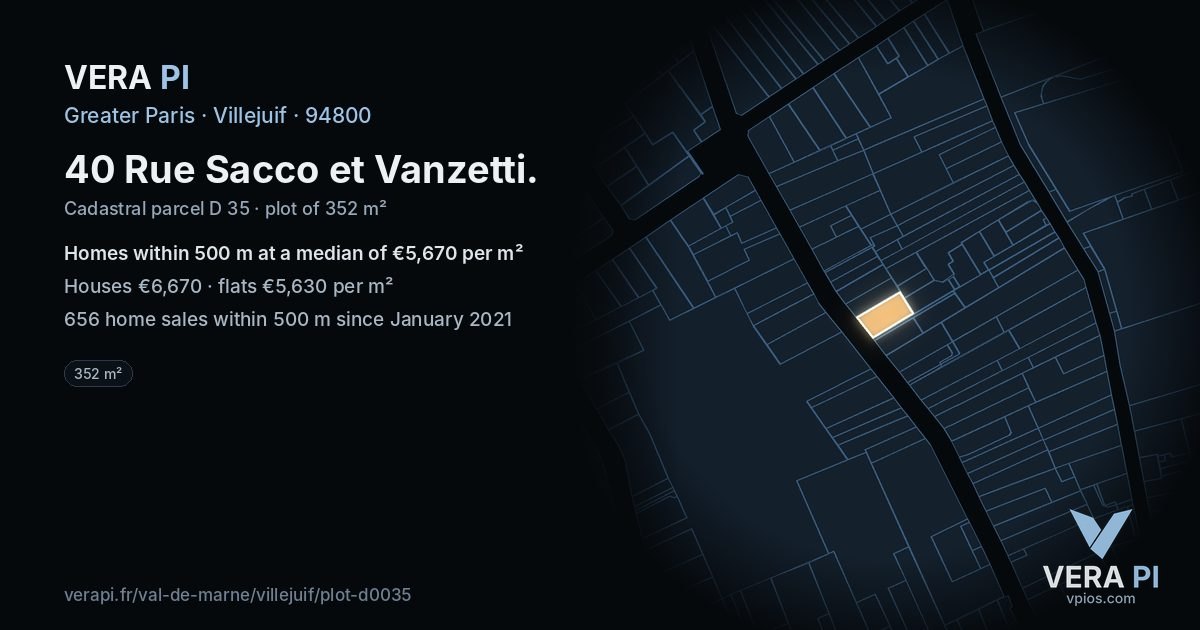 40 Rue Sacco et Vanzetti, Villejuif at night – the plot lit, the parcels around coloured by the prices near them