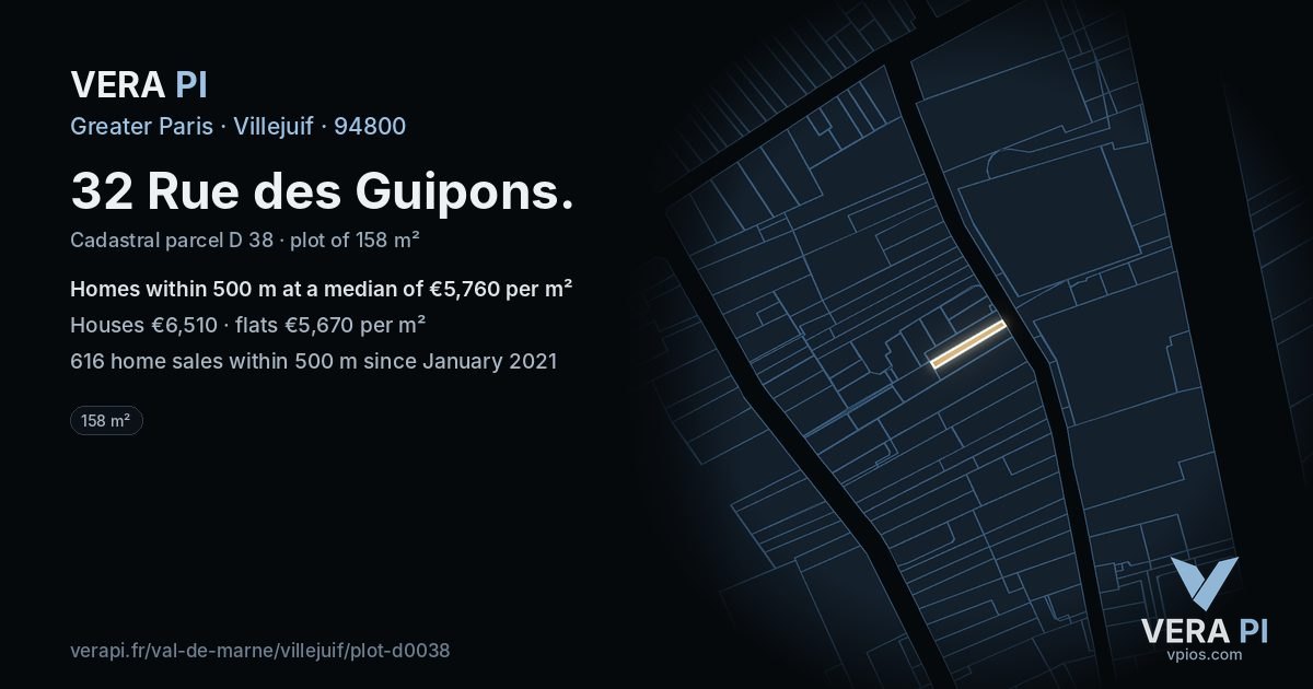 32 Rue des Guipons, Villejuif at night – the plot lit, the parcels around coloured by the prices near them