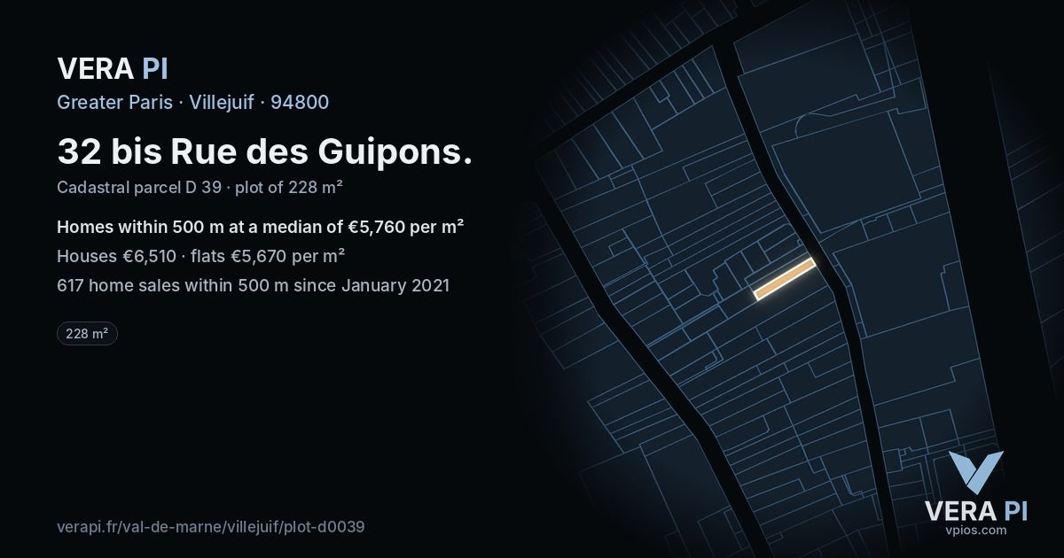 32 bis Rue des Guipons, Villejuif at night – the plot lit, the parcels around coloured by the prices near them