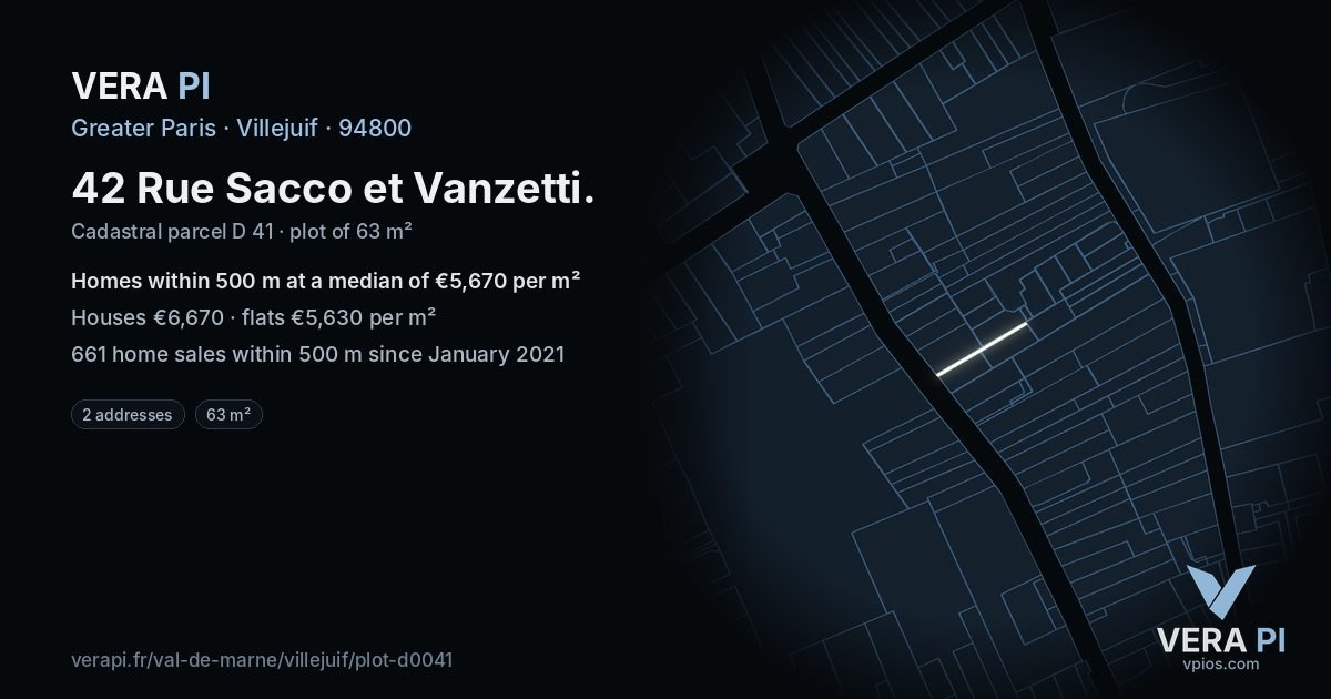 42 Rue Sacco et Vanzetti, Villejuif at night – the plot lit, the parcels around coloured by the prices near them