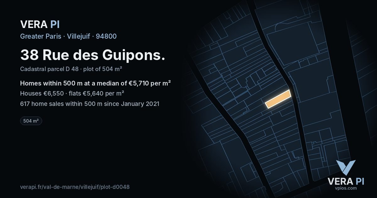 38 Rue des Guipons, Villejuif at night – the plot lit, the parcels around coloured by the prices near them