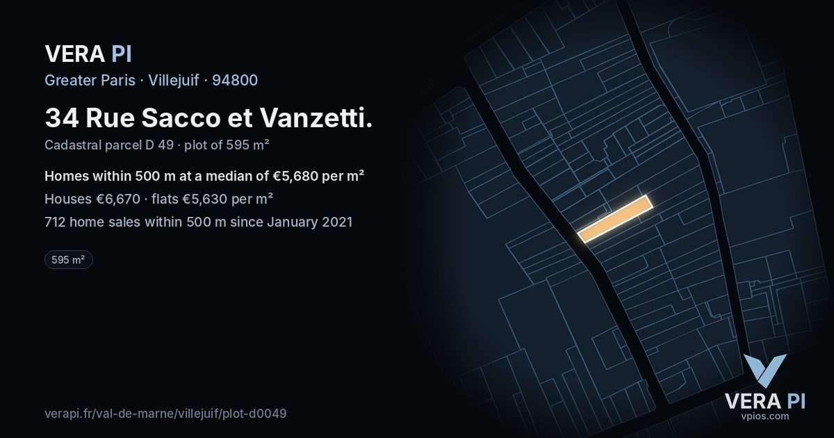 34 Rue Sacco et Vanzetti, Villejuif at night – the plot lit, the parcels around coloured by the prices near them