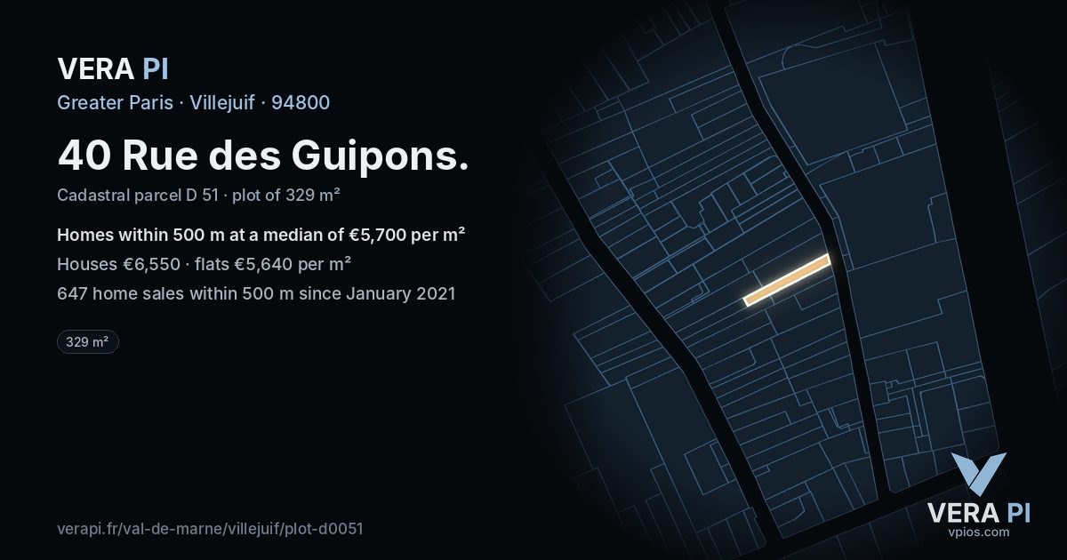 40 Rue des Guipons, Villejuif at night – the plot lit, the parcels around coloured by the prices near them