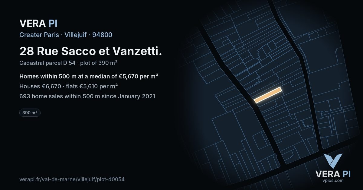 28 Rue Sacco et Vanzetti, Villejuif at night – the plot lit, the parcels around coloured by the prices near them