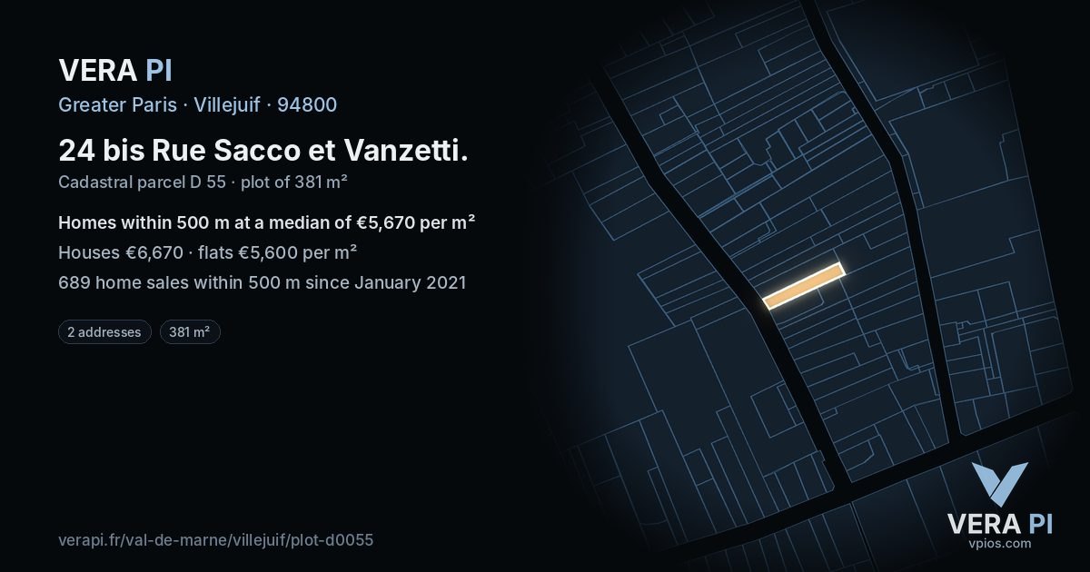 24 bis Rue Sacco et Vanzetti, Villejuif at night – the plot lit, the parcels around coloured by the prices near them