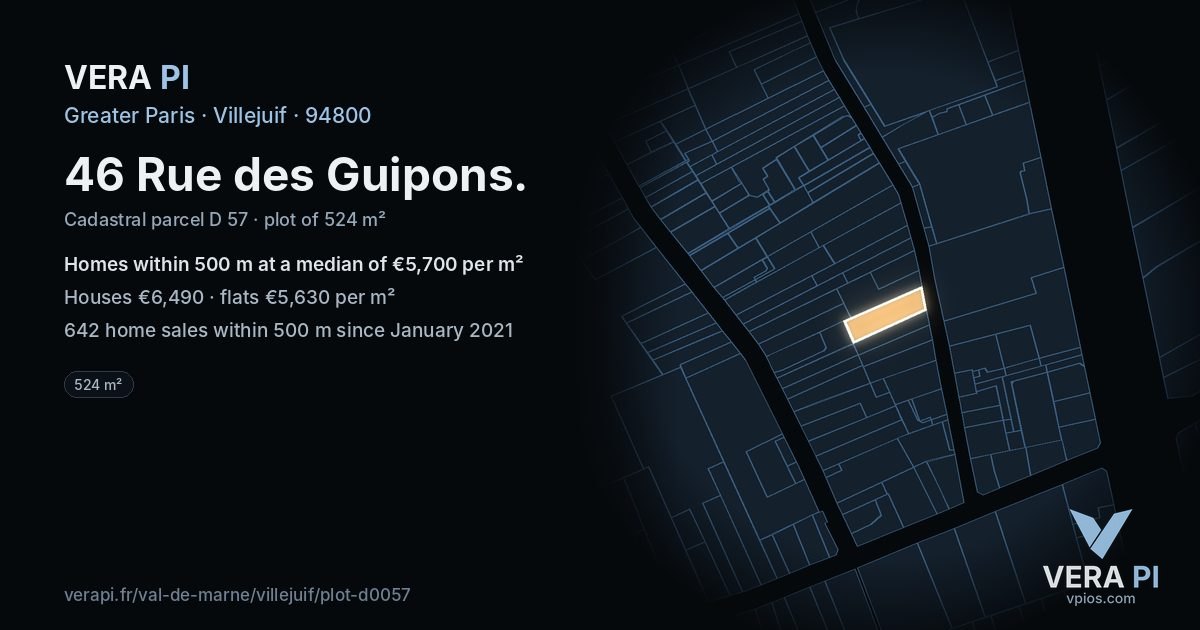 46 Rue des Guipons, Villejuif at night – the plot lit, the parcels around coloured by the prices near them