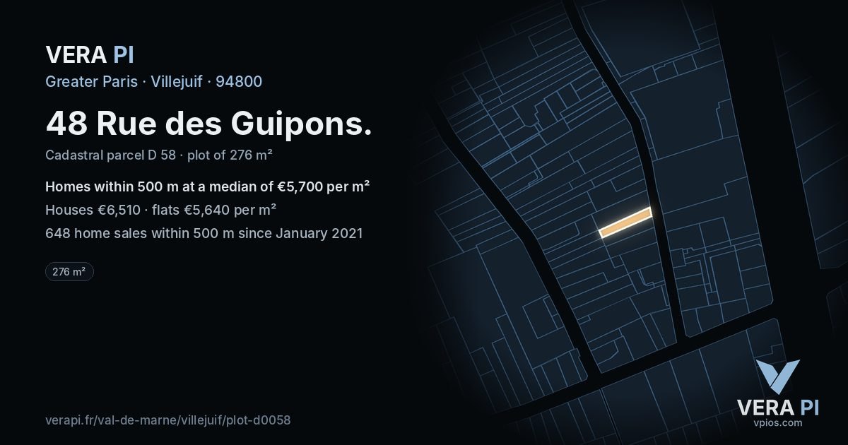 48 Rue des Guipons, Villejuif at night – the plot lit, the parcels around coloured by the prices near them