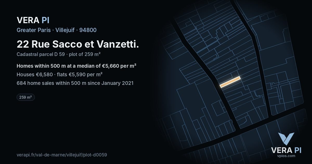 22 Rue Sacco et Vanzetti, Villejuif at night – the plot lit, the parcels around coloured by the prices near them