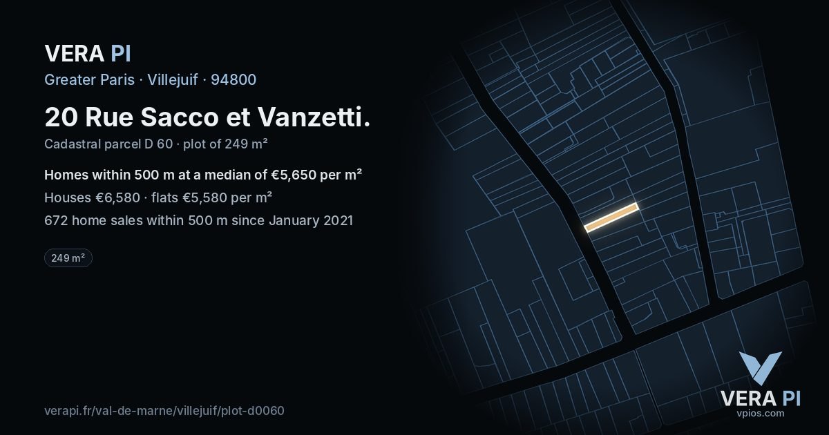 20 Rue Sacco et Vanzetti, Villejuif at night – the plot lit, the parcels around coloured by the prices near them
