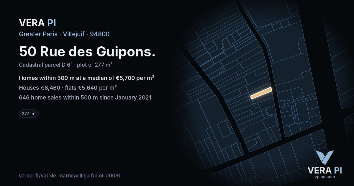 50 Rue des Guipons, Villejuif at night – the plot lit, the parcels around coloured by the prices near them