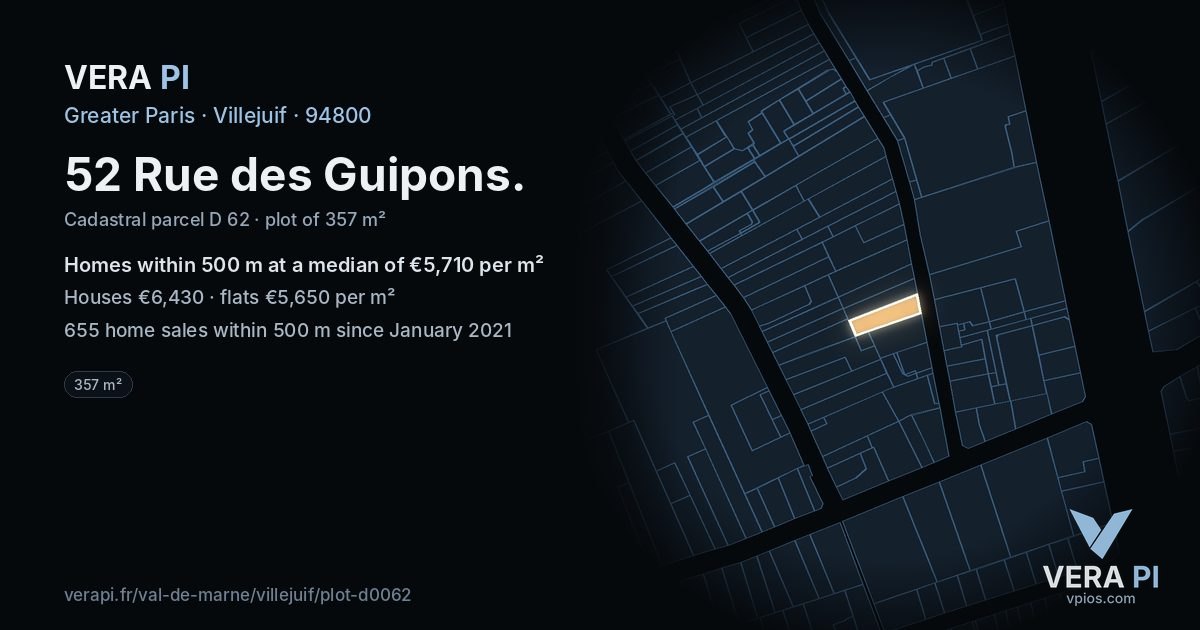 52 Rue des Guipons, Villejuif at night – the plot lit, the parcels around coloured by the prices near them