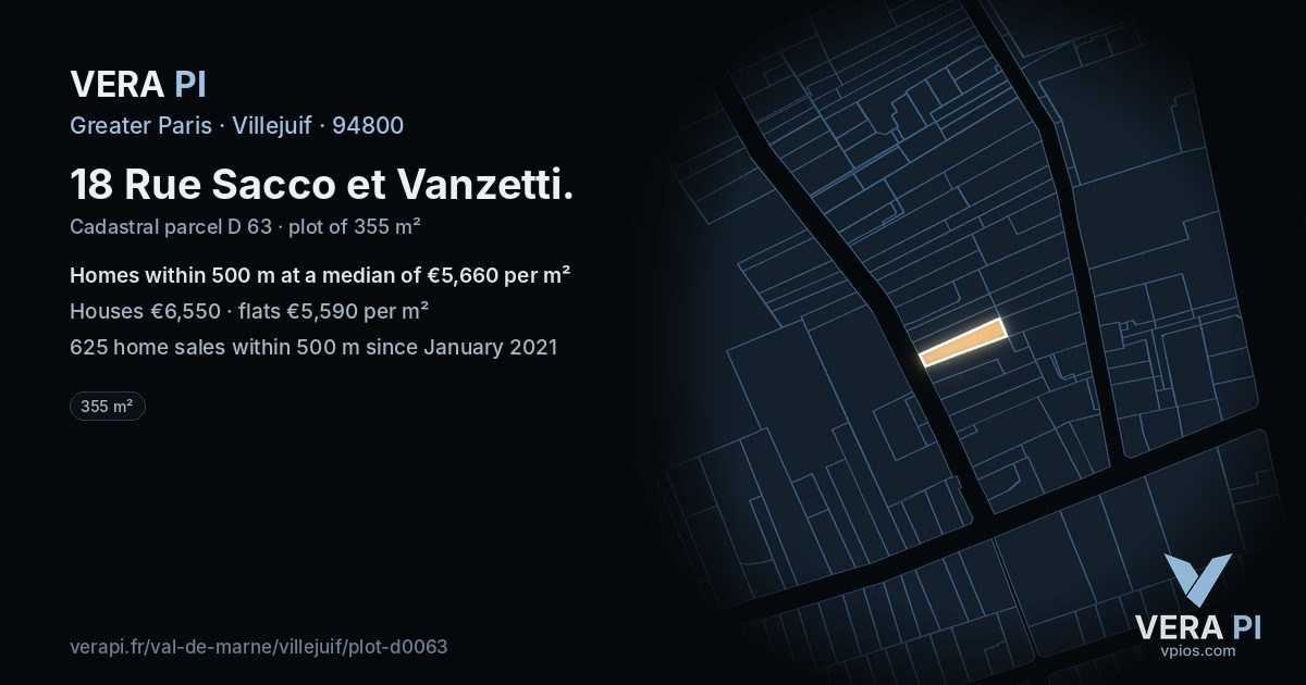 18 Rue Sacco et Vanzetti, Villejuif at night – the plot lit, the parcels around coloured by the prices near them