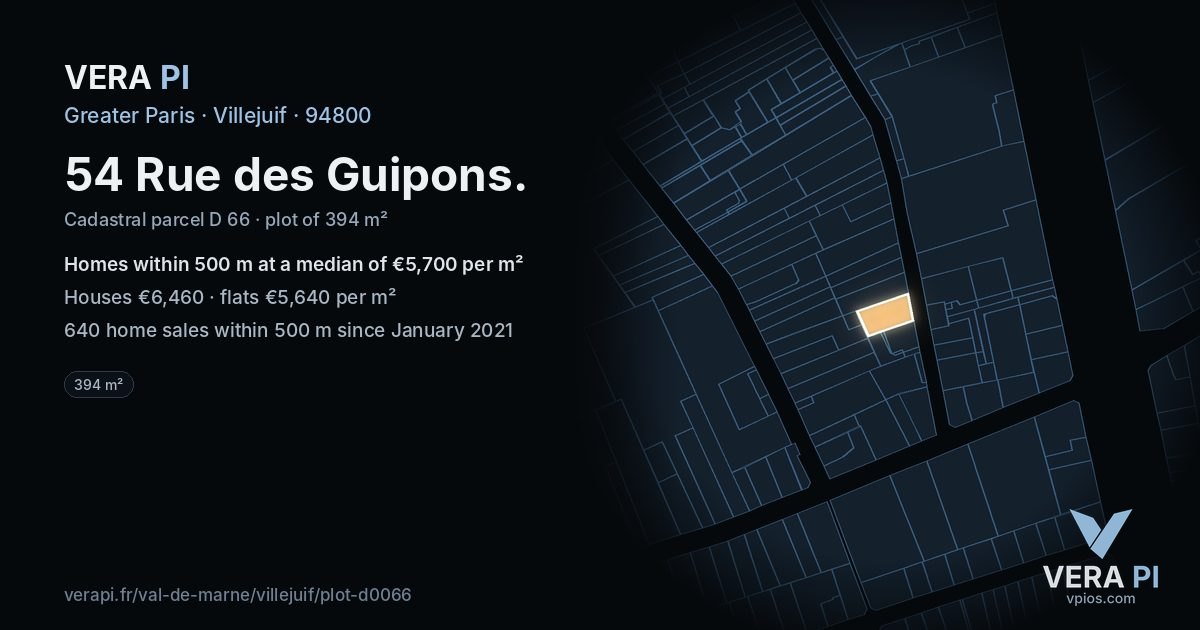54 Rue des Guipons, Villejuif at night – the plot lit, the parcels around coloured by the prices near them