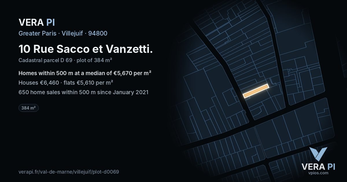 10 Rue Sacco et Vanzetti, Villejuif at night – the plot lit, the parcels around coloured by the prices near them