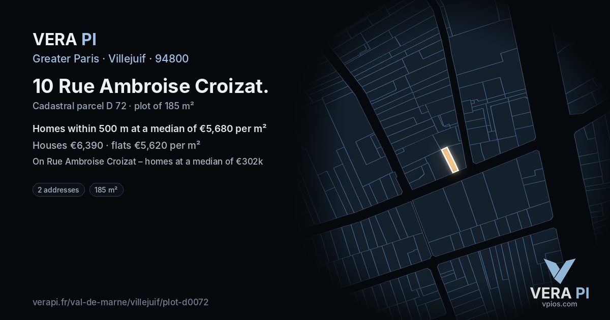 10 Rue Ambroise Croizat, Villejuif at night – the plot lit, the parcels around coloured by the prices near them