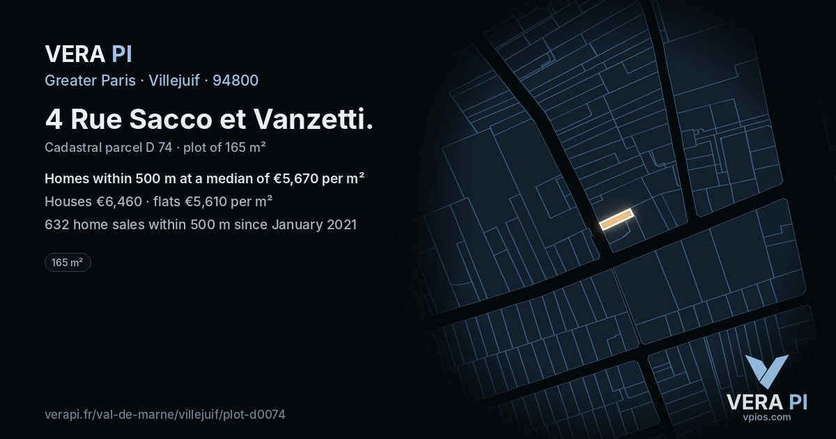 4 Rue Sacco et Vanzetti, Villejuif at night – the plot lit, the parcels around coloured by the prices near them