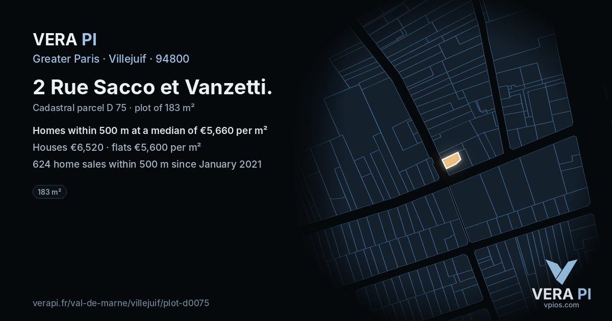 2 Rue Sacco et Vanzetti, Villejuif at night – the plot lit, the parcels around coloured by the prices near them