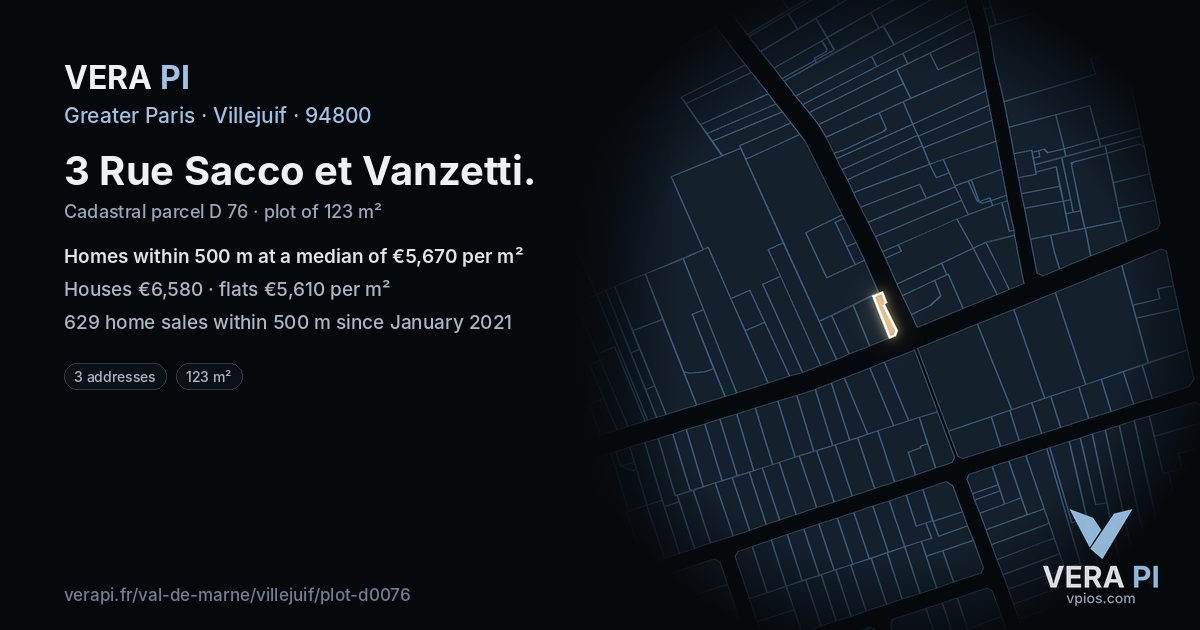 3 Rue Sacco et Vanzetti, Villejuif at night – the plot lit, the parcels around coloured by the prices near them