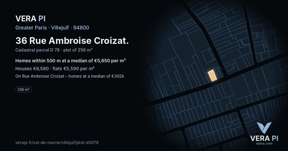 36 Rue Ambroise Croizat, Villejuif at night – the plot lit, the parcels around coloured by the prices near them
