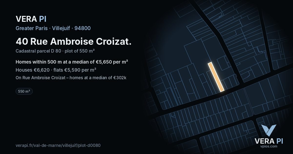 40 Rue Ambroise Croizat, Villejuif at night – the plot lit, the parcels around coloured by the prices near them