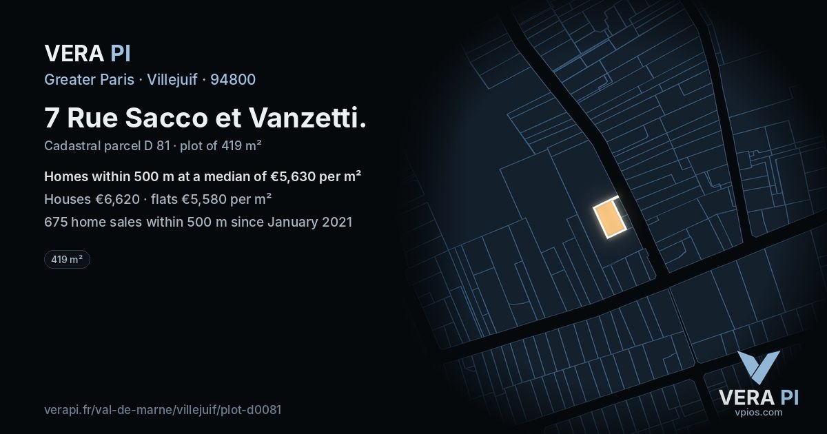 7 Rue Sacco et Vanzetti, Villejuif at night – the plot lit, the parcels around coloured by the prices near them