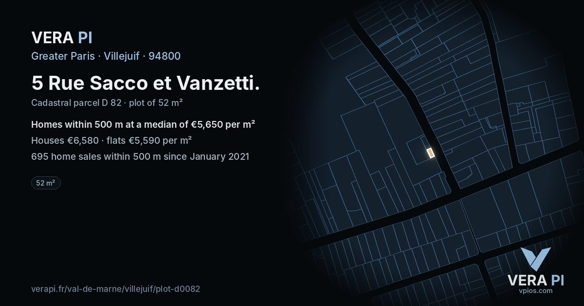 5 Rue Sacco et Vanzetti, Villejuif at night – the plot lit, the parcels around coloured by the prices near them