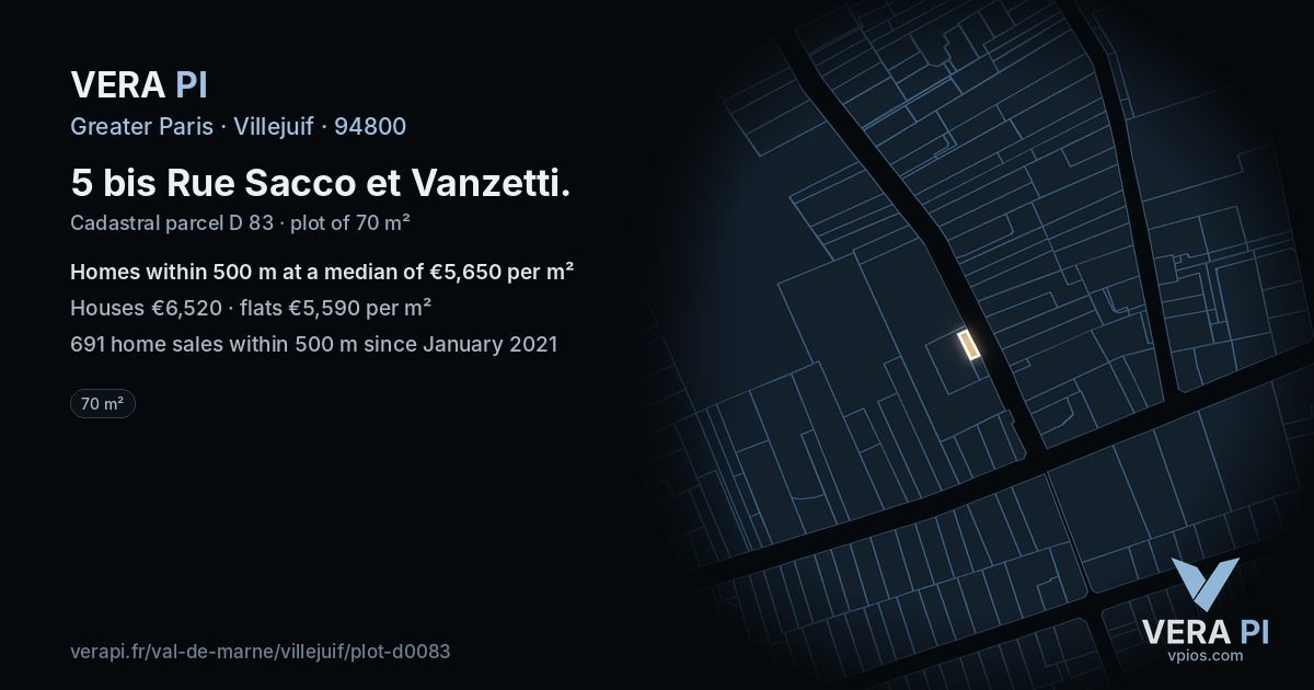 5 bis Rue Sacco et Vanzetti, Villejuif at night – the plot lit, the parcels around coloured by the prices near them