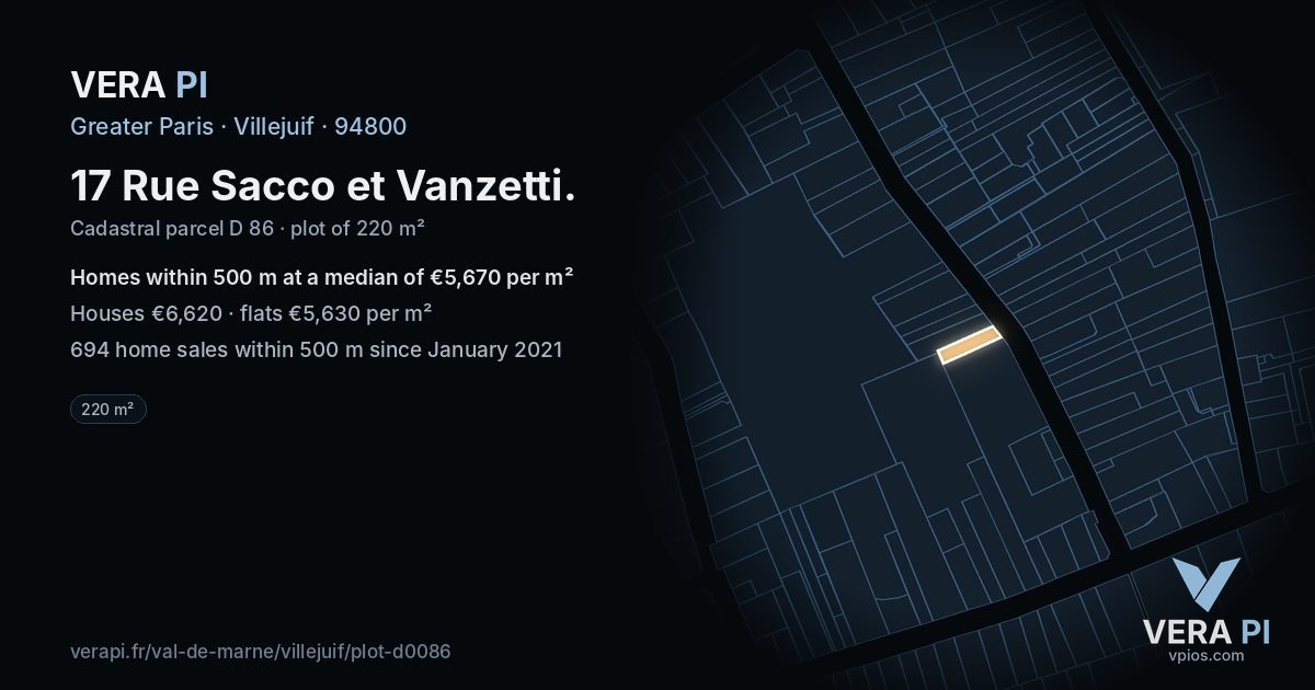 17 Rue Sacco et Vanzetti, Villejuif at night – the plot lit, the parcels around coloured by the prices near them