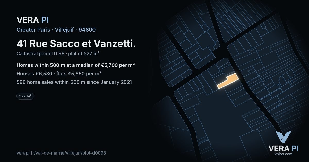 41 Rue Sacco et Vanzetti, Villejuif at night – the plot lit, the parcels around coloured by the prices near them