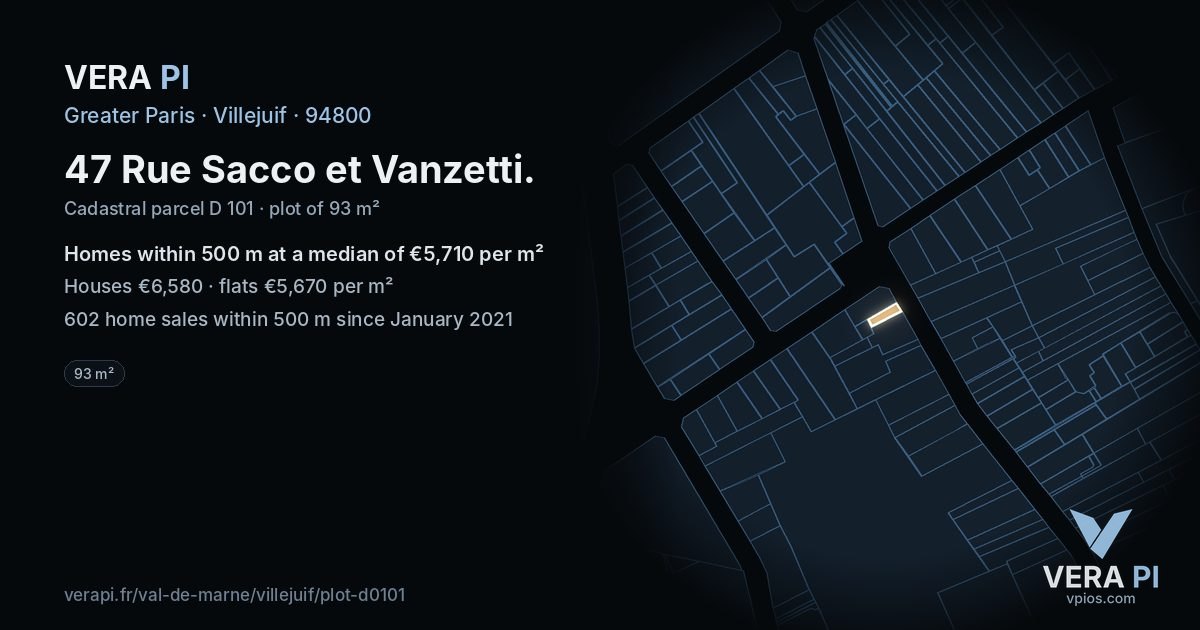 47 Rue Sacco et Vanzetti, Villejuif at night – the plot lit, the parcels around coloured by the prices near them