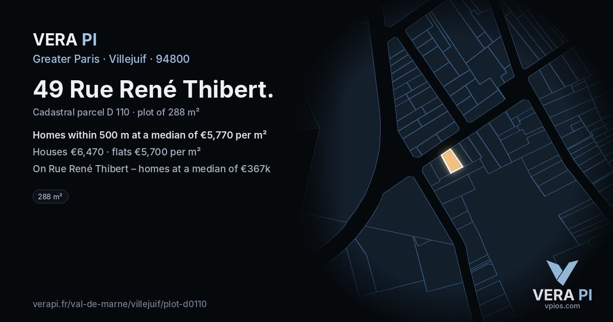 49 Rue René Thibert, Villejuif at night – the plot lit, the parcels around coloured by the prices near them