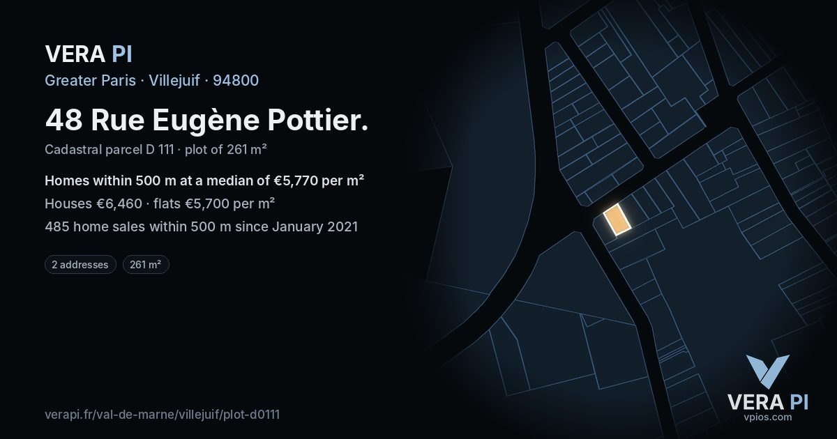 48 Rue Eugène Pottier, Villejuif at night – the plot lit, the parcels around coloured by the prices near them