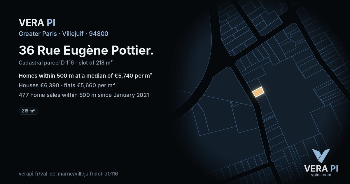 36 Rue Eugène Pottier, Villejuif at night – the plot lit, the parcels around coloured by the prices near them