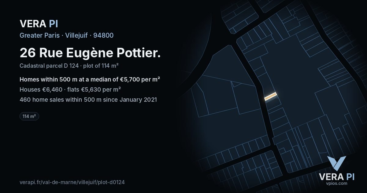 26 Rue Eugène Pottier, Villejuif at night – the plot lit, the parcels around coloured by the prices near them