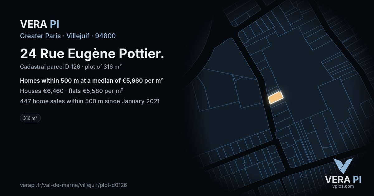 24 Rue Eugène Pottier, Villejuif at night – the plot lit, the parcels around coloured by the prices near them