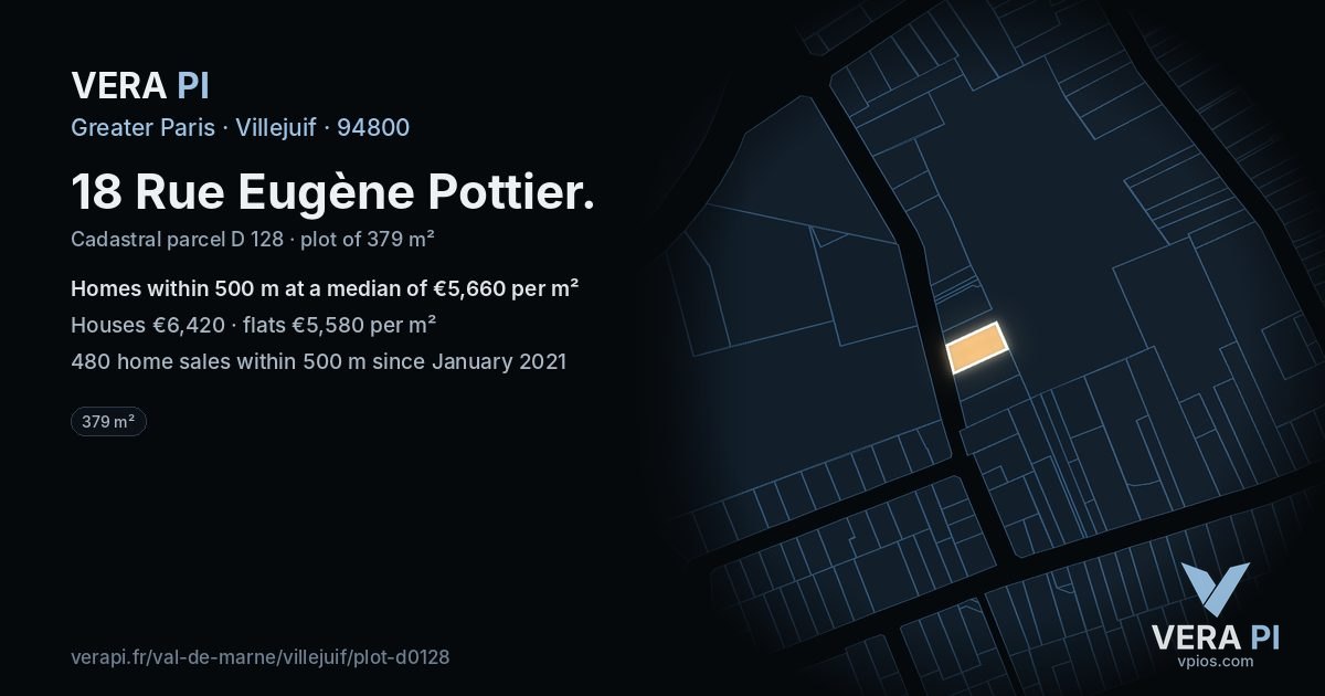 18 Rue Eugène Pottier, Villejuif at night – the plot lit, the parcels around coloured by the prices near them