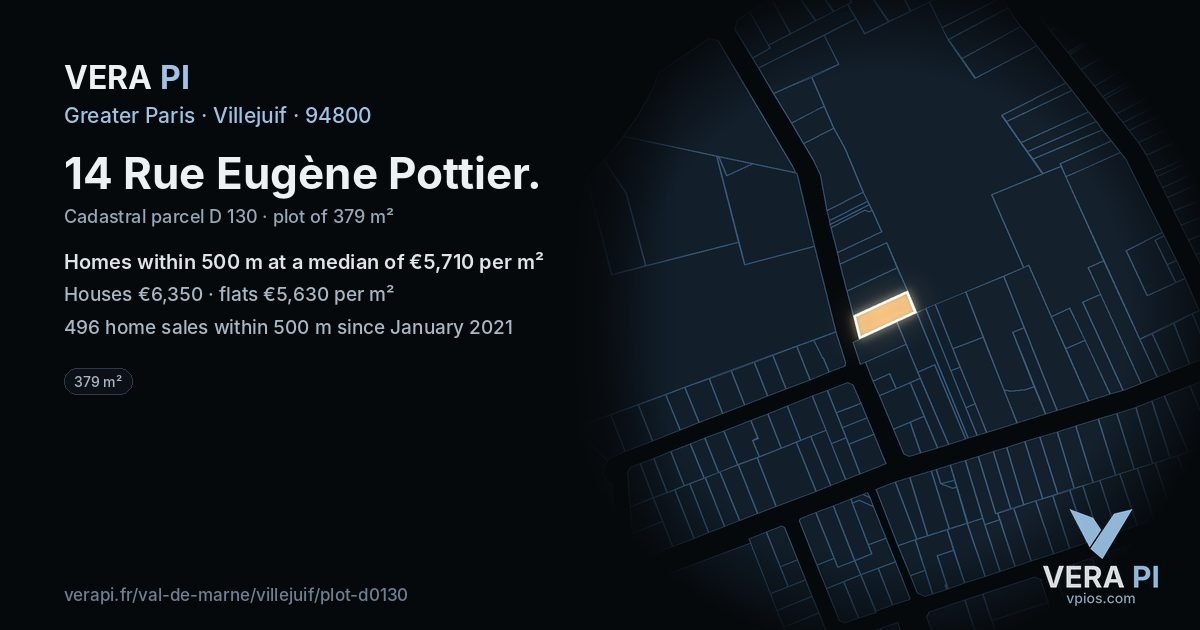 14 Rue Eugène Pottier, Villejuif at night – the plot lit, the parcels around coloured by the prices near them