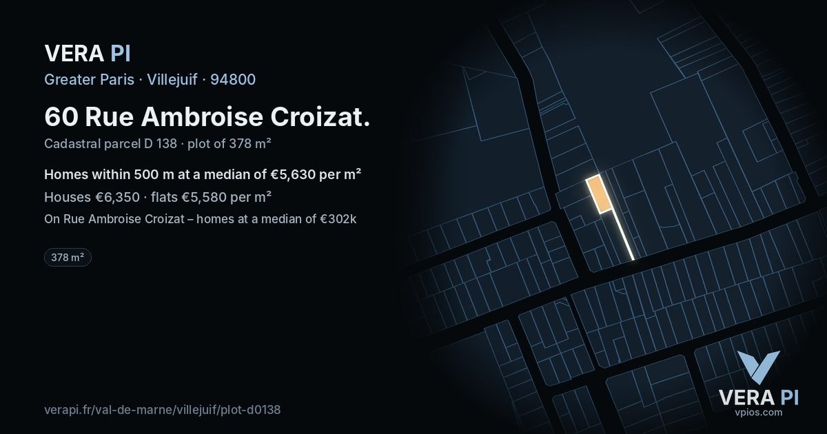 60 Rue Ambroise Croizat, Villejuif at night – the plot lit, the parcels around coloured by the prices near them