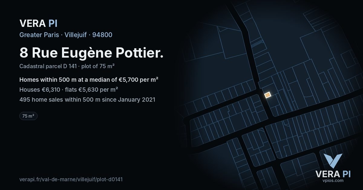 8 Rue Eugène Pottier, Villejuif at night – the plot lit, the parcels around coloured by the prices near them