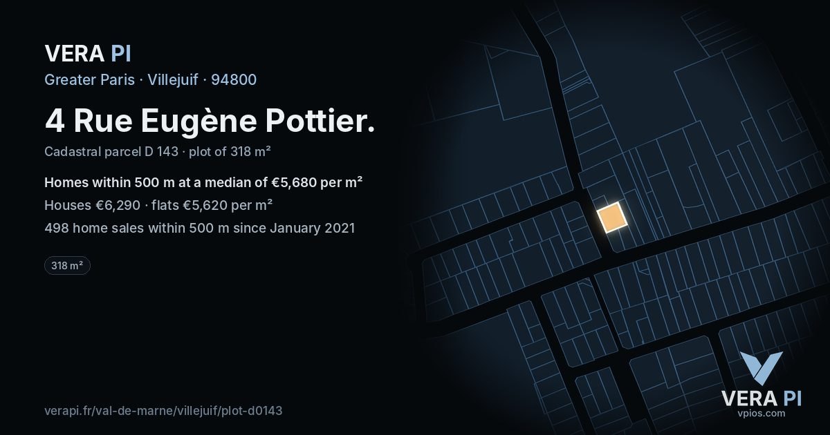 4 Rue Eugène Pottier, Villejuif at night – the plot lit, the parcels around coloured by the prices near them