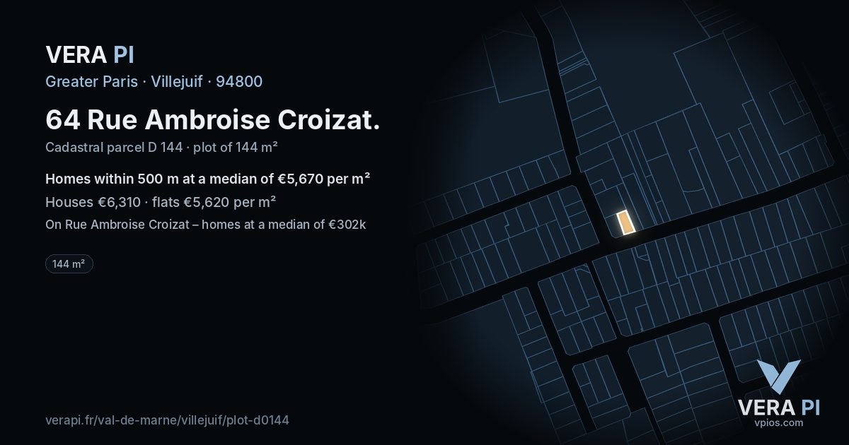 64 Rue Ambroise Croizat, Villejuif at night – the plot lit, the parcels around coloured by the prices near them