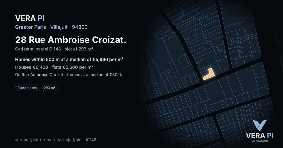 28 Rue Ambroise Croizat, Villejuif at night – the plot lit, the parcels around coloured by the prices near them