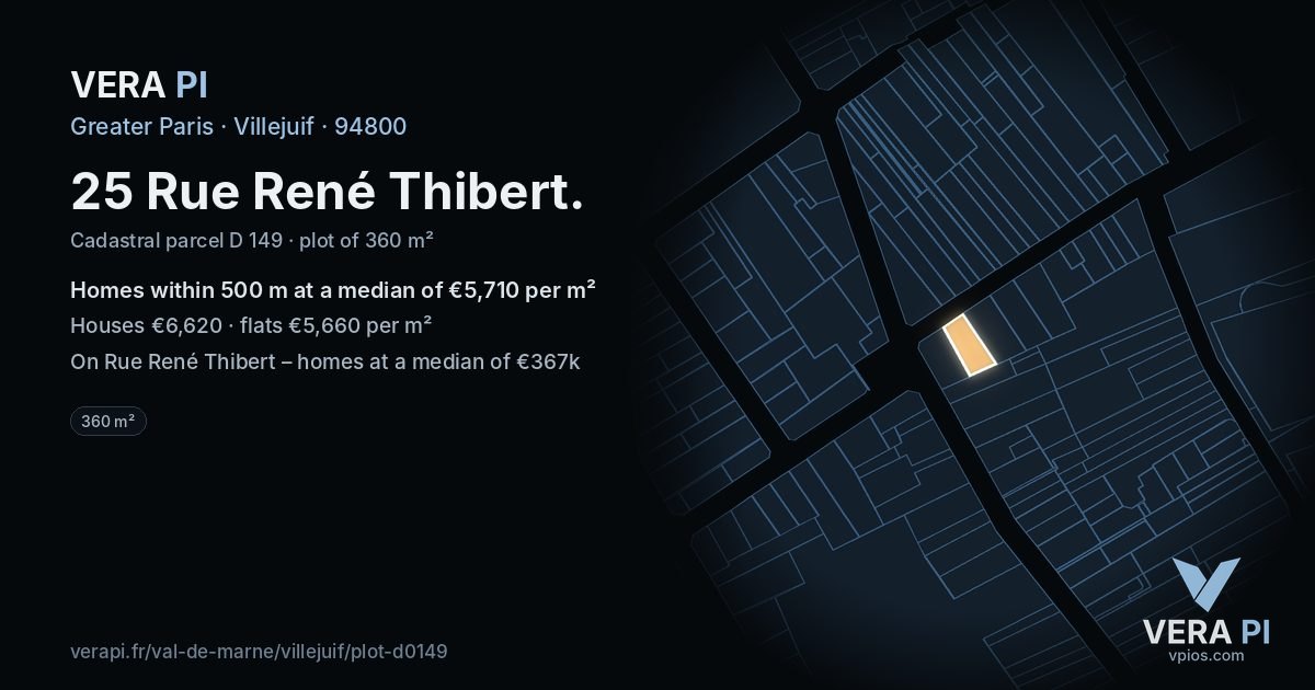 25 Rue René Thibert, Villejuif at night – the plot lit, the parcels around coloured by the prices near them