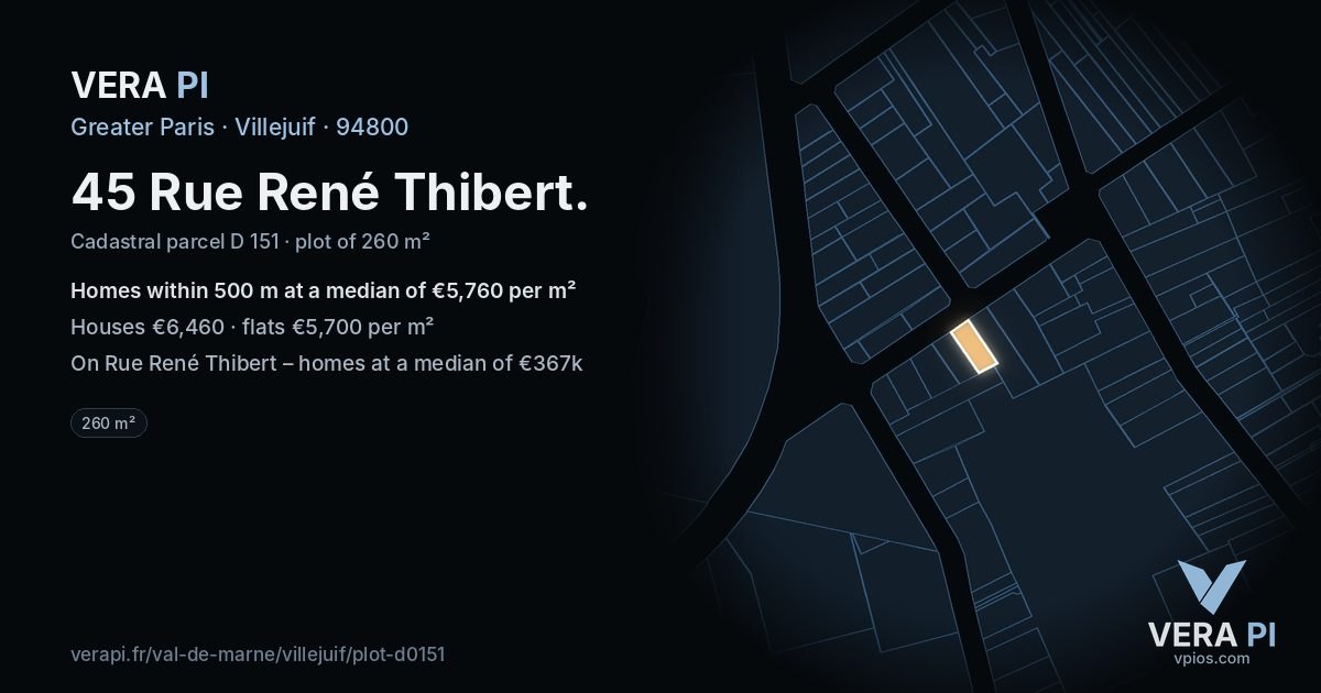 45 Rue René Thibert, Villejuif at night – the plot lit, the parcels around coloured by the prices near them