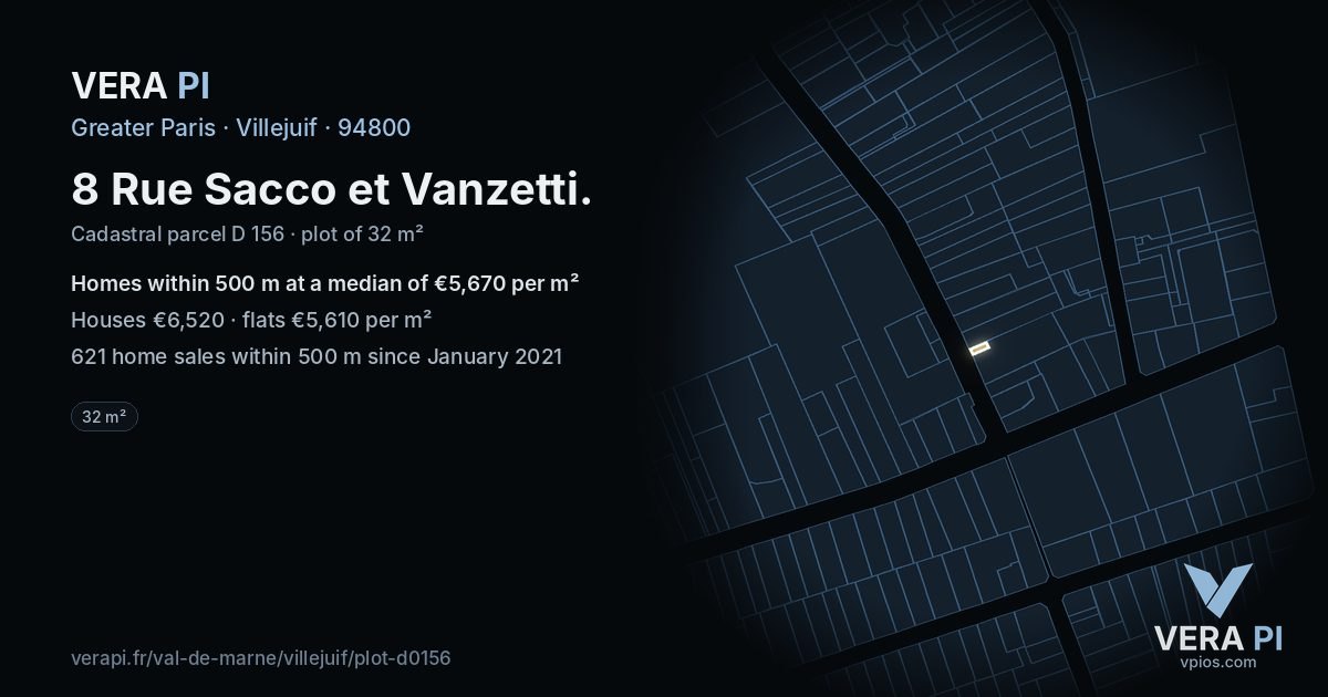 8 Rue Sacco et Vanzetti, Villejuif at night – the plot lit, the parcels around coloured by the prices near them